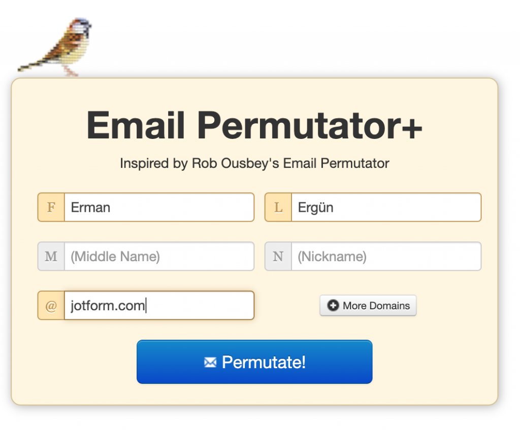 Email Permutator+ arayüzü