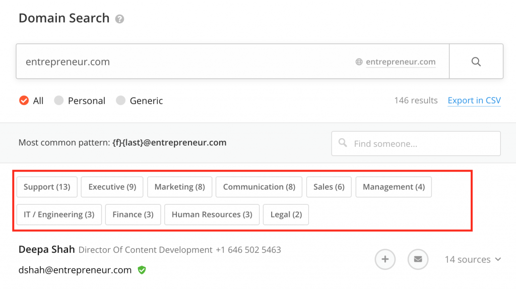 Hunter.io domain search sonuçları