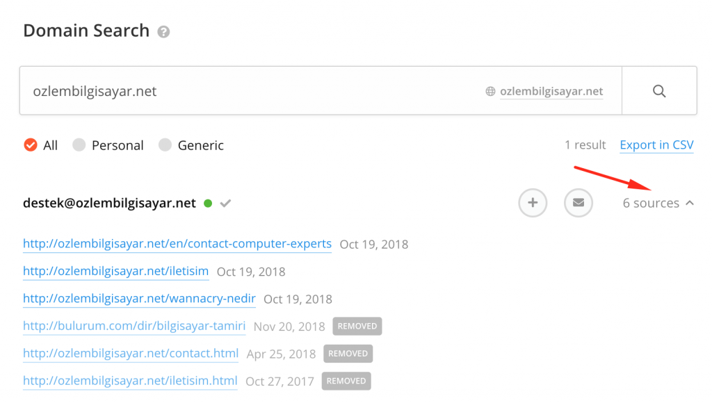 Hunter.io Özlem Bilgisayar sonuçları