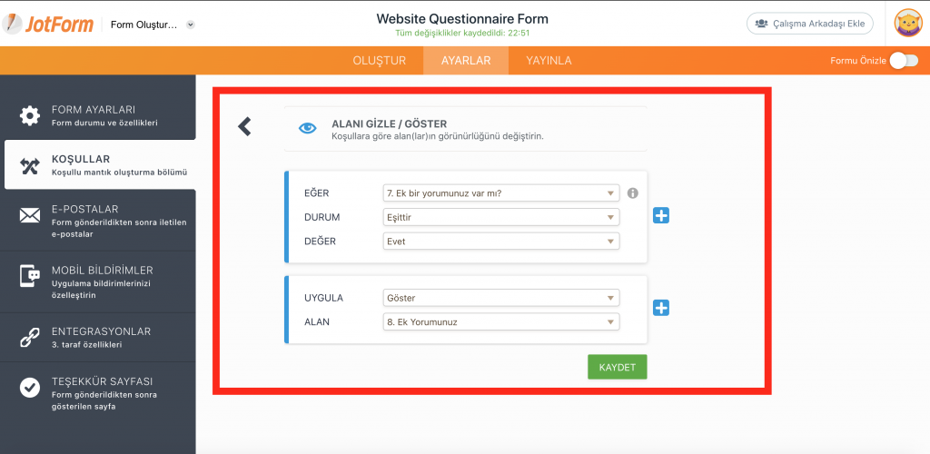 JotForm If/Else koşul yapısı