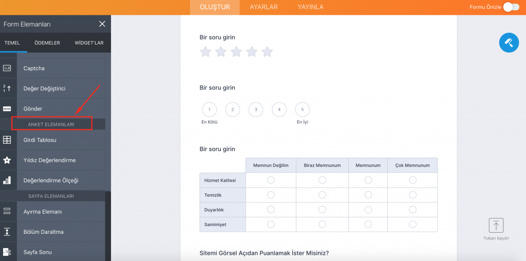 JotForm anket elemanları