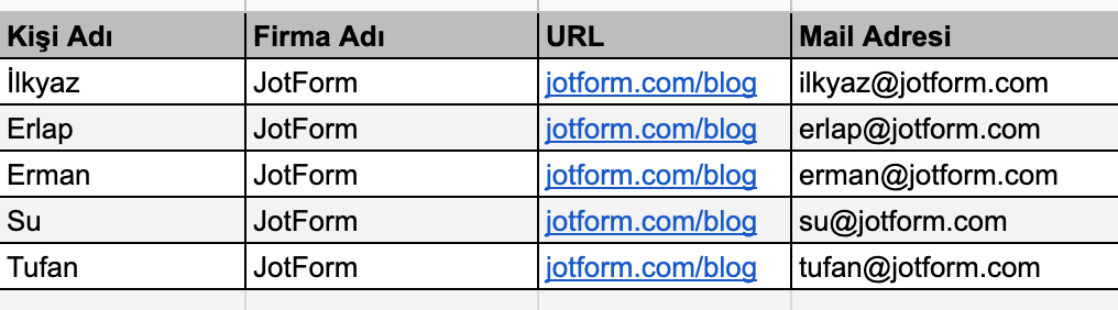 Spreadsheet kişi listesi